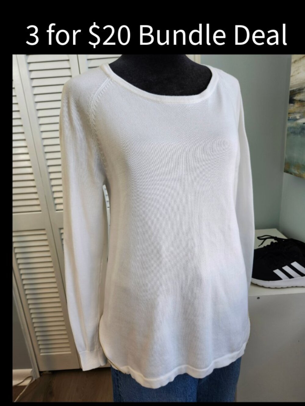Sogi White Sweater 100% Cotton Zip Back Women's Small Relaxed Fit Loungewear